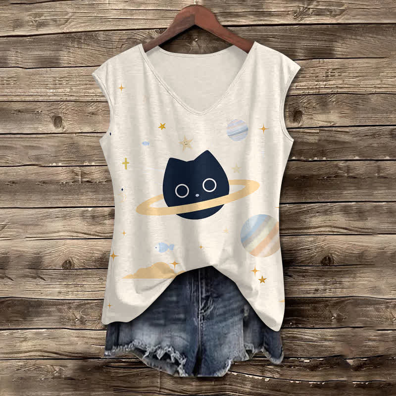Women's Funny Cartoon Universe Black Cat Art Print V-neck Tank Top - Beige - 5XL - image 4