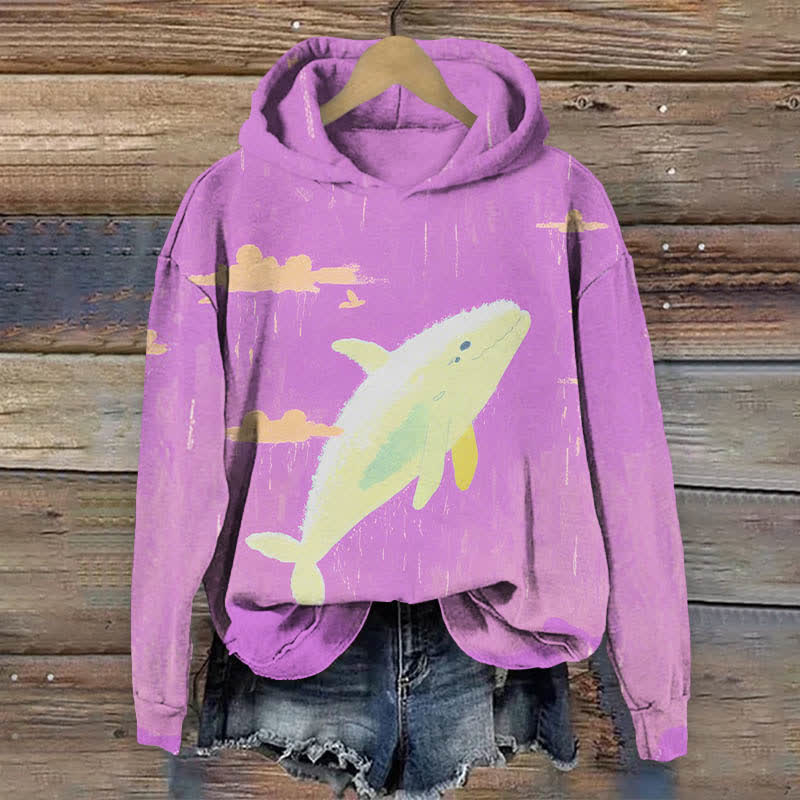 Cartoon Cute Whale In The Sky Art Print Long Sleeve Hoodie - Light Purple - US44-46(8XL) - image 3