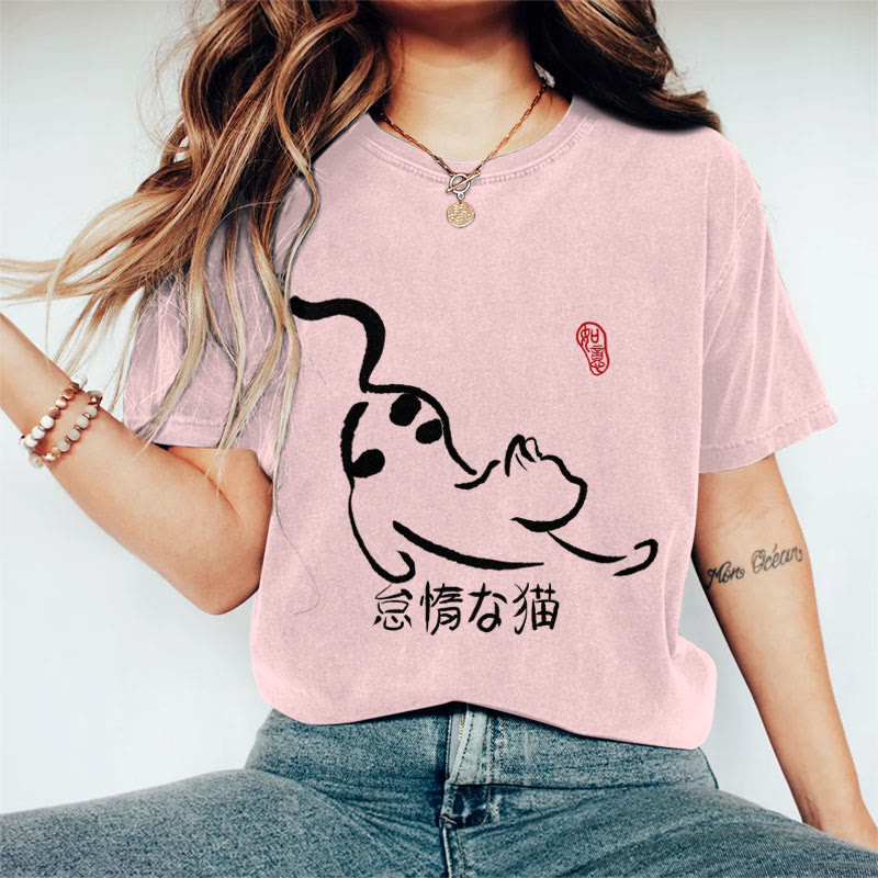 100% Cotton Women's Japanese Lazy Cat Art Print Casual T-shirt - Pink - 2XL - image 3