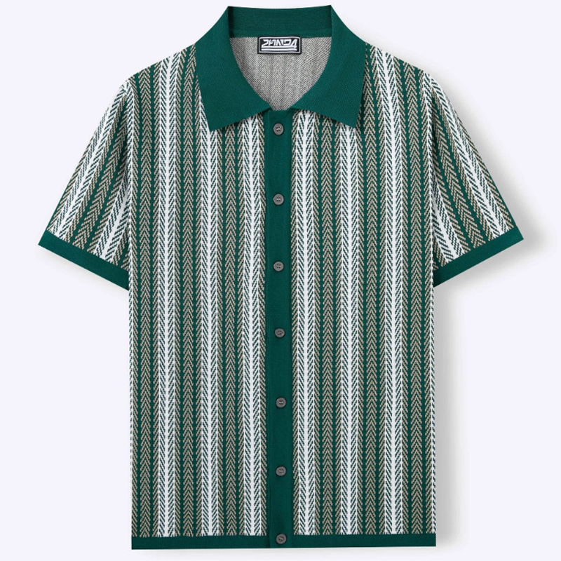 Knitted Striped Lapel Shirt - Green - 3XL - image 4