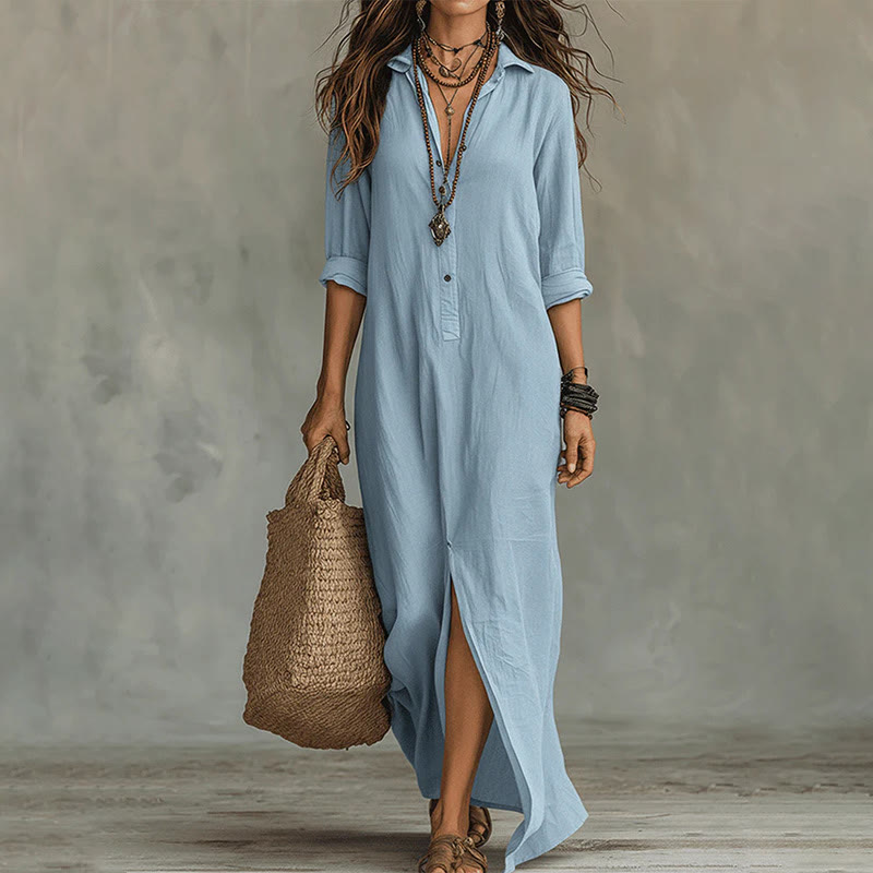 Casual Solid V-neck Lapel Long-sleeve Maxi Dress With Front Slit - Sky Blue - 2XL - image 7