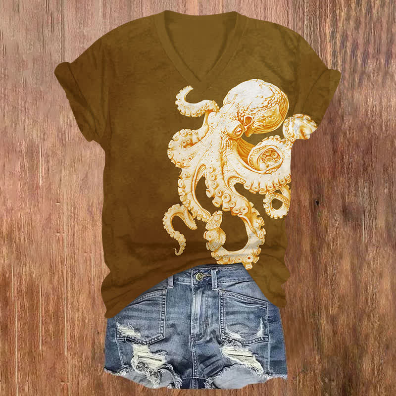 Creative Vivid Octopus Statue Art Print V-neck T-shirt - Brown - US32-34(5XL) - image 3