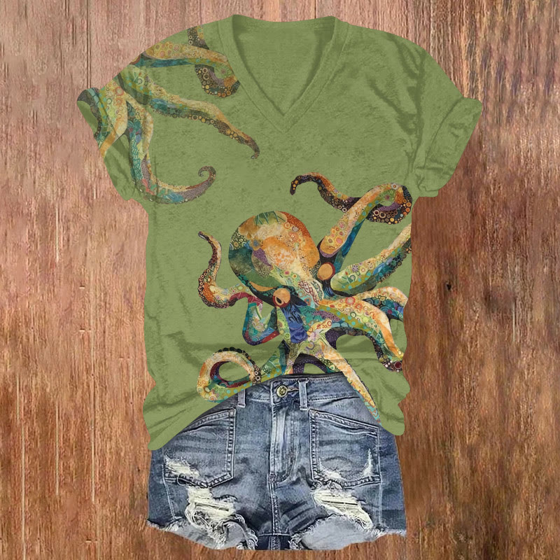 Ocean Octopus Geometric Patchwork Pattern Print Short Sleeved V-neck T-shirt - Light Green - US32-34(5XL) - image 3