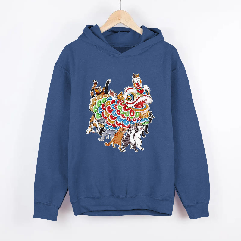 Unisex  Cats Perform A Lion Dance To Celebrate The New Year Pattern Long Sleeved Hoodie - Dark Blue - US44-46(8XL) - image 4