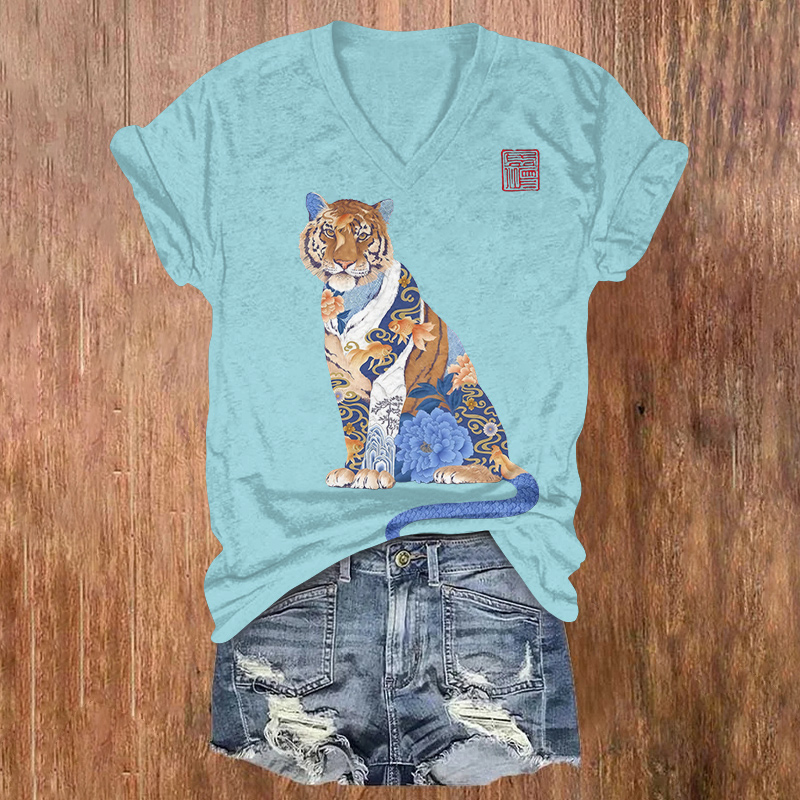 Japanese Art Tiger Print Short Sleeved V-neck T-shirt - Blue - US32-34(5XL) - image 1