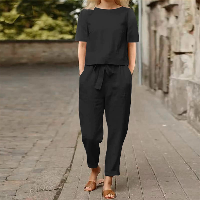 Casual Cozy Loose-Fit Solid Half Sleeve Blouse&Pants Set - Black - 5XL - image 6