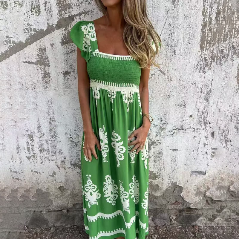 Boho Beach Ethnic Print Ruffled Strappy Maxi Dress - Green - 3XL - image 5
