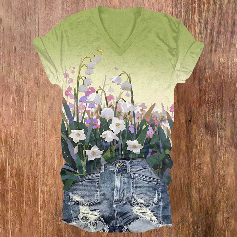 Ombre Campanula Blossom Art Print V-neck T-shirt - Green - US32-34(5XL) - image 4