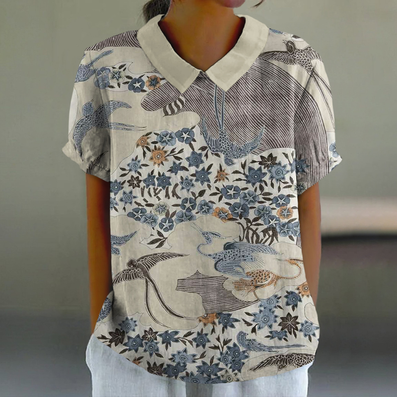 Japanese Vacation-style Pattern Print Casual Lapel Loose Blouse - Khaki - 6XL - image 1