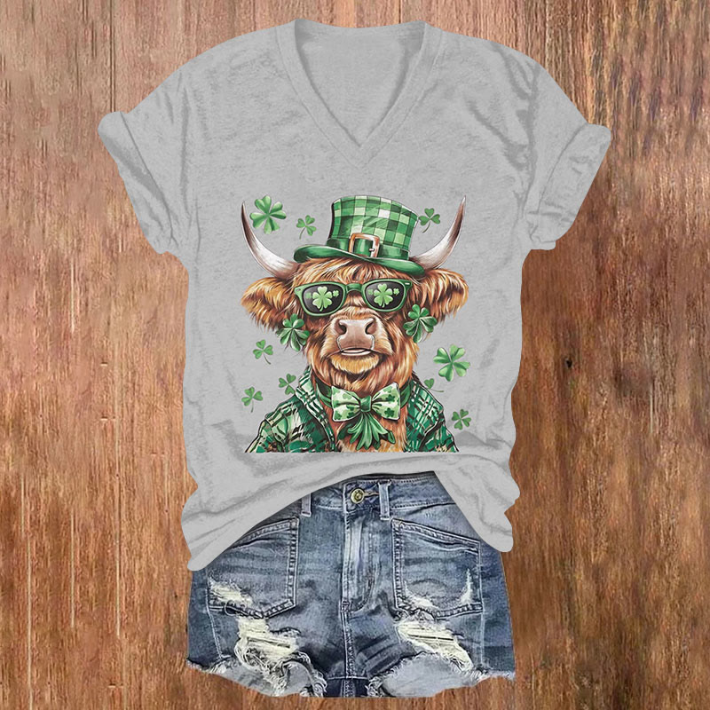 St. Patrick's Day Highland Cattle Print Short Sleeved V-Neck T-Shirt - Grey - US32-34(5XL) - image 3