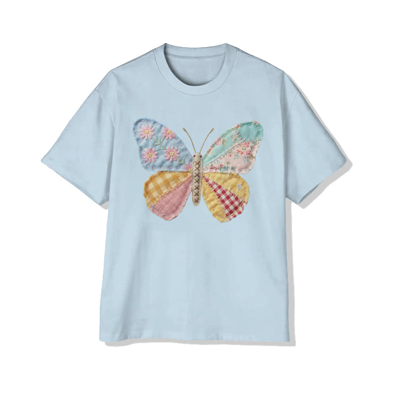 Pastoral Butterfly Floral Pattern Print Pattern Cotton Print T-shirt - Light Blue - US16-18(2XL) - image 10