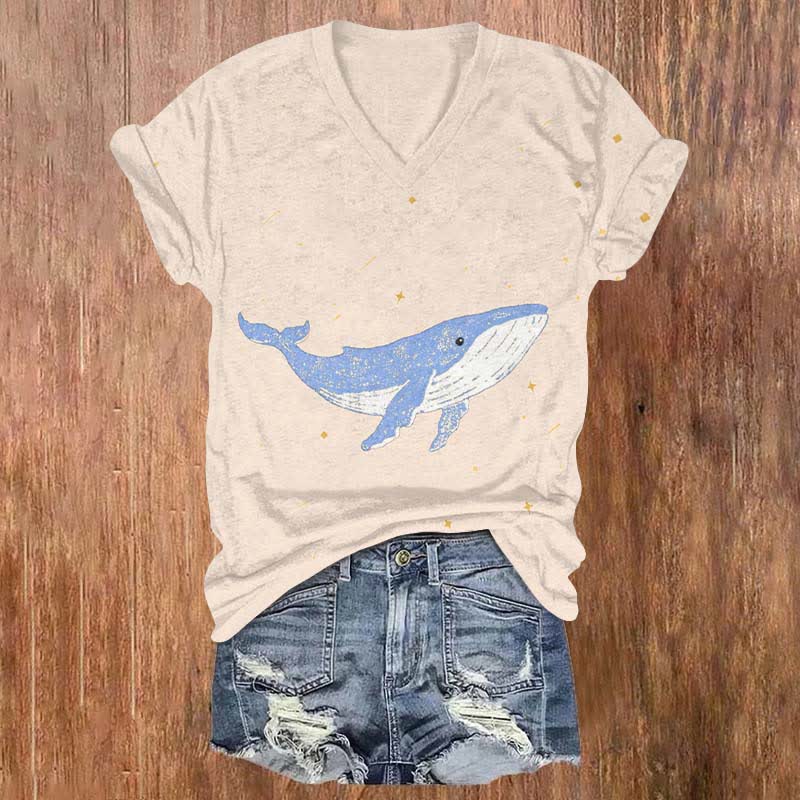 Japanese Lovely Whale In Starry Sky Art Print V-neck T-shirt - Apricot - US32-34(5XL) - image 3