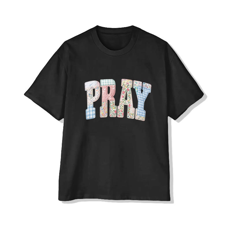 Vintage Floral Pray Christian Pattern Print Short Sleeved Round Neck Cotton T-shirt - Black - US28-30(4XL) - image 3