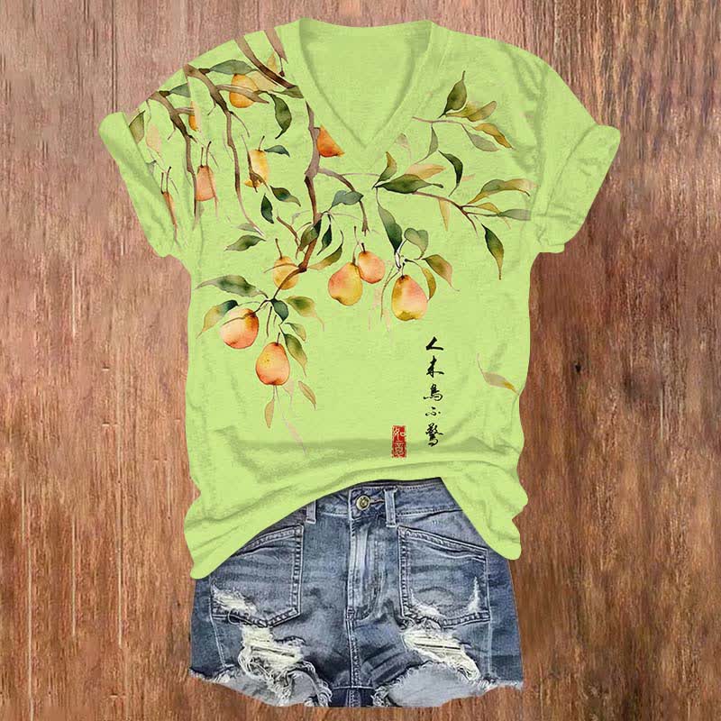 Japanese Vintage Pear Tree Art Print V-neck T-shirt - Green - US32-34(5XL) - image 3