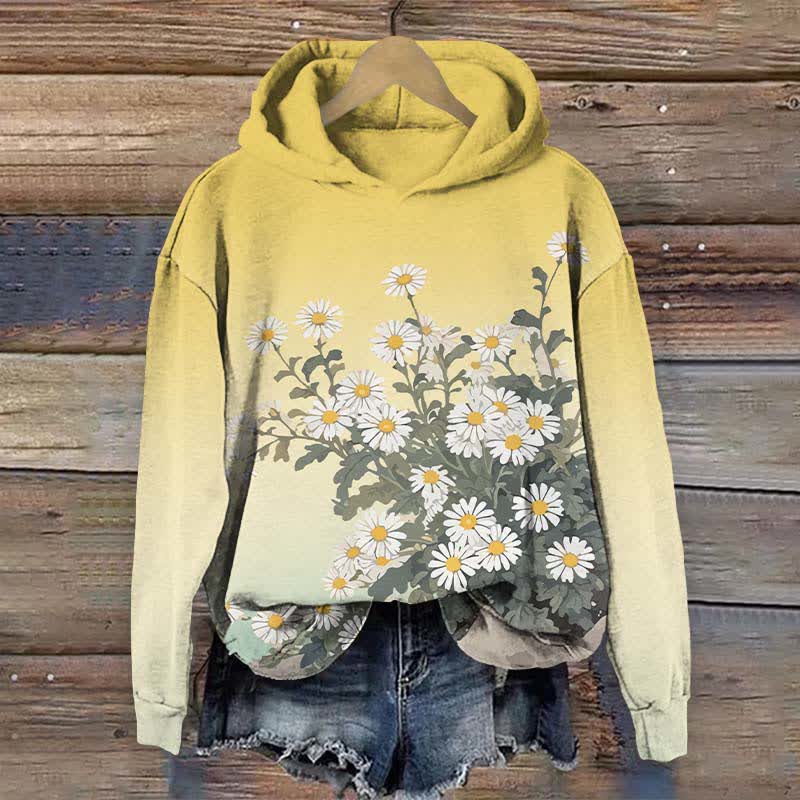 Japanese Lovely Daisy Art Print Long Sleeve Hoodie - Yellow - US44-46(8XL) - image 5