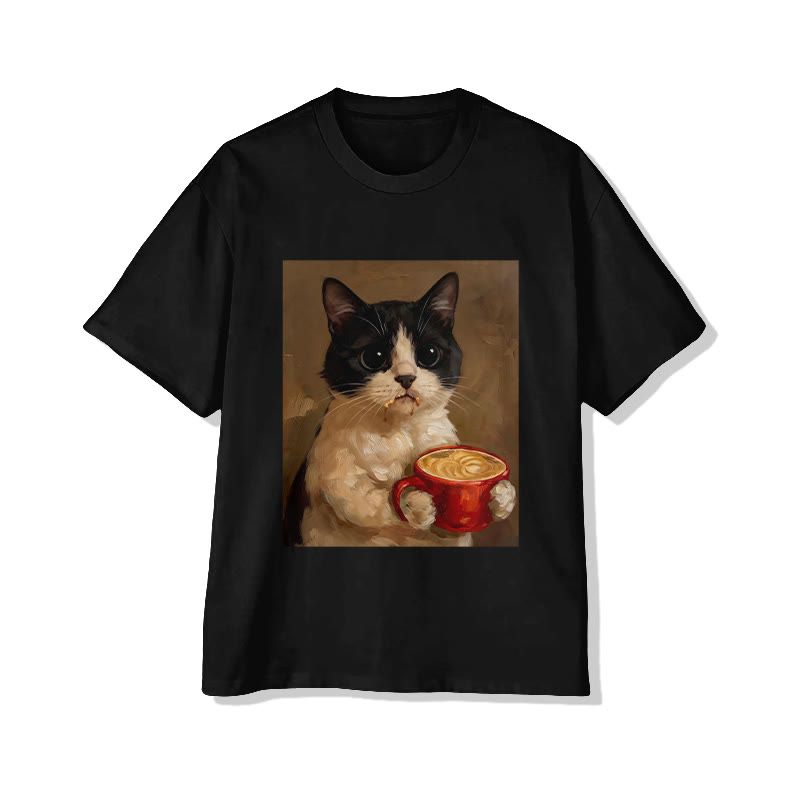 Unisex Vintage Portrait  Cat With Coffee Pattern Short Sleeved Crew Neck T-Shirt - Black - 2XL - image 4