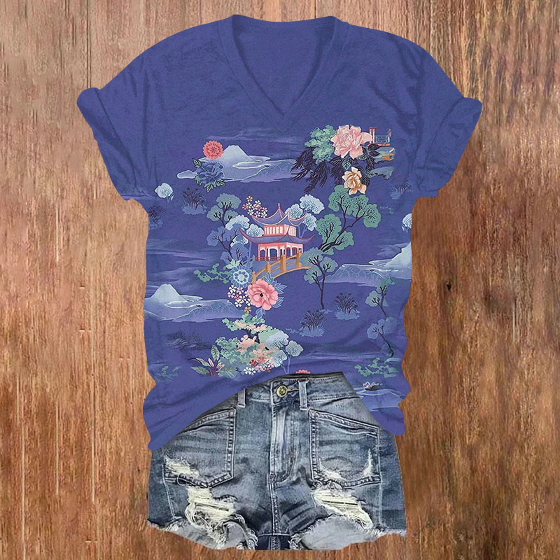 Flower Print V-neck T-shirt - Purple - US32-34(5XL) - image 3