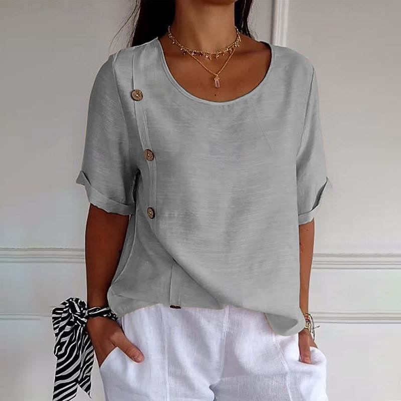 Elegant Solid Asymmetrical Buttons Half-sleeves Round-neck Blouse - Light Gray - 5XL - image 4