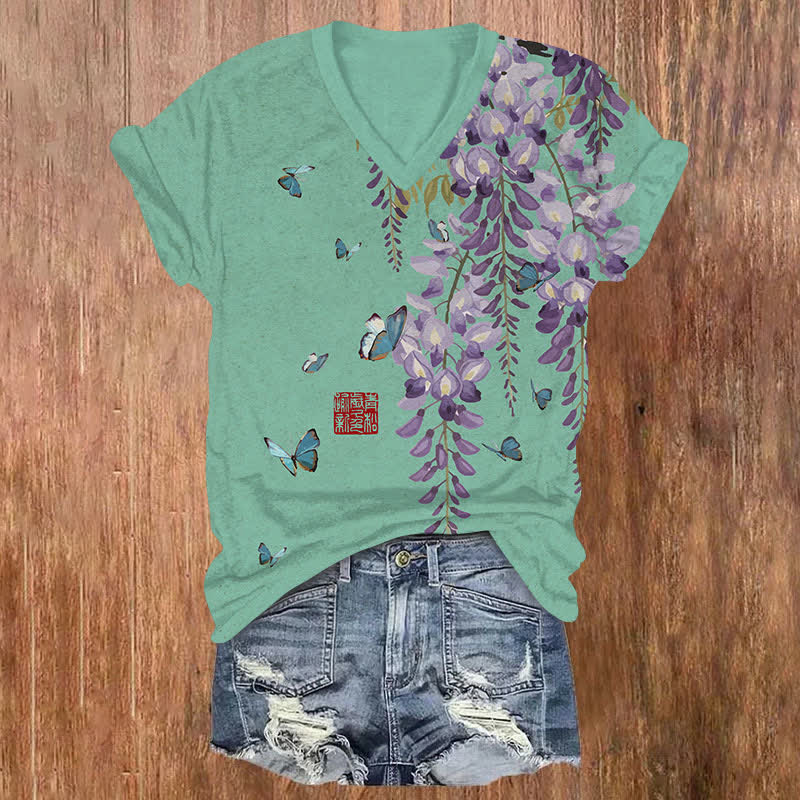 Japanese Lilac & Butterfly Art Print V-neck T-shirt - Green - US32-34(5XL) - image 3