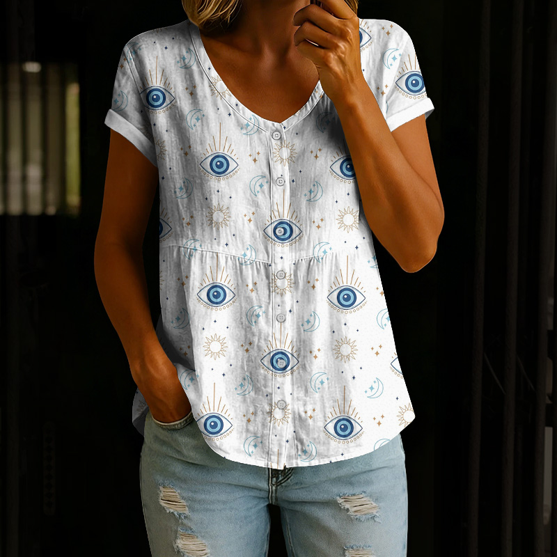 Funny Eye & Sun Pattern Print Button V-neck A-line Short-sleeve Blouse - White - 4XL - image 1