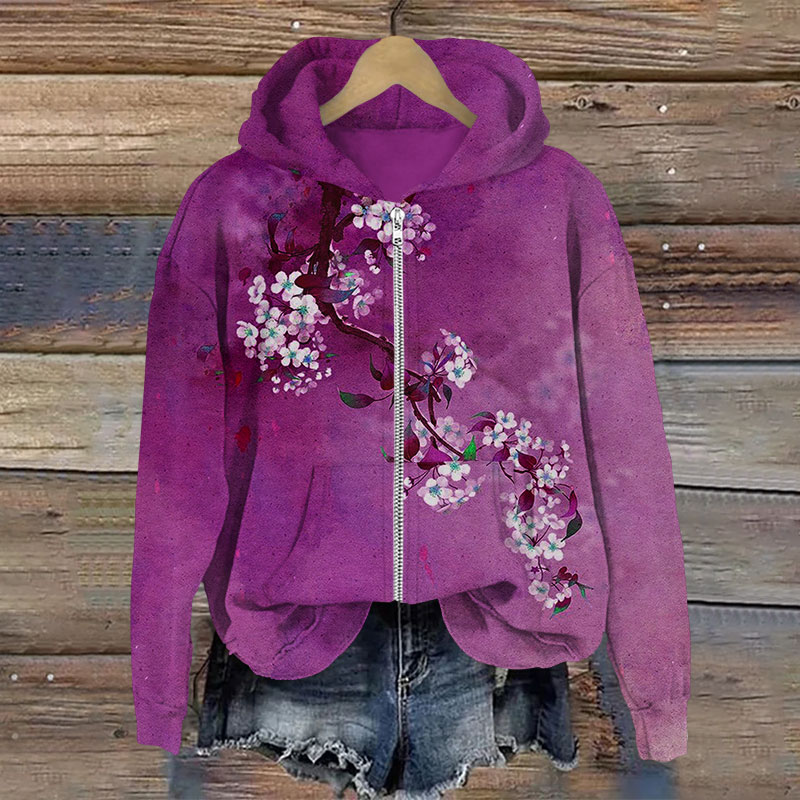 Japanese Antique Pear Blossom Ink Painting Print Long Sleeve Zipper Hoodie - Purple - US28-30(4XL) - image 3