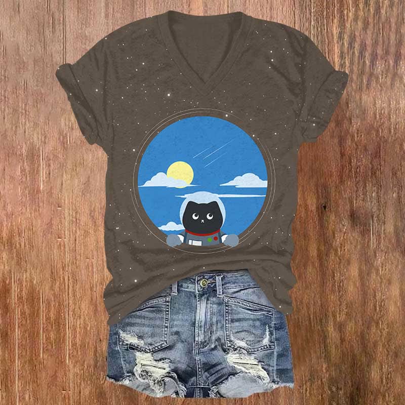 Curious Astronaut Cat Watching The Sky Print V-neck T-shirt - Brown - US32-34(5XL) - image 4