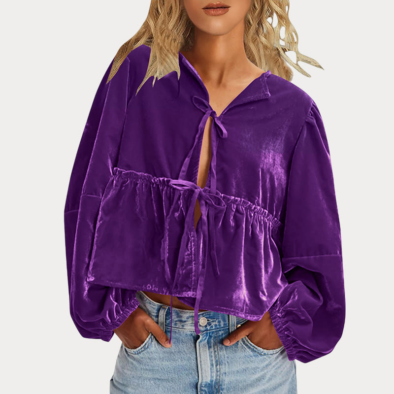 Women's V-neck Ruffled Solid Color Velvet Blouse - Purple - 2XL - image 7