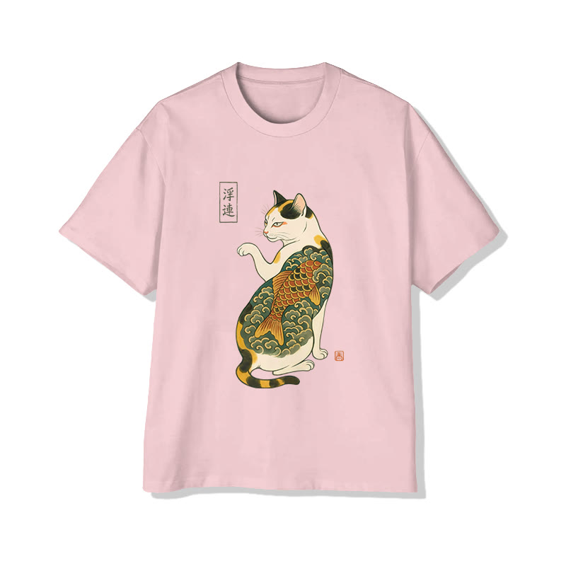Unisex Japanese Koi Tattoo Maneki-neko Print Short Sleeved Crew Neck T-shirt - Pink - 2XL - image 5
