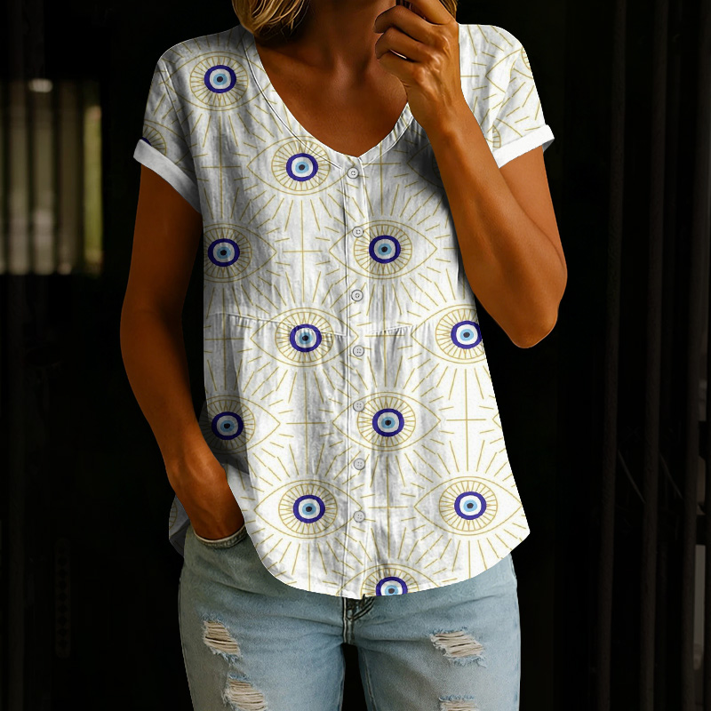 Creative Eye Pattern Print Button V-neck A-line Short-sleeve Blouse - Beige - 4XL - image 1