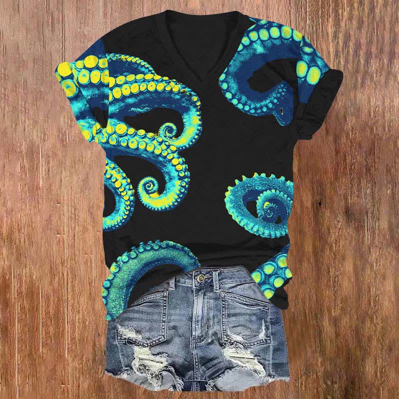 Creative Contrast Octopus Tentacles Art Print V-neck T-shirt - Black - US32-34(5XL) - image 3
