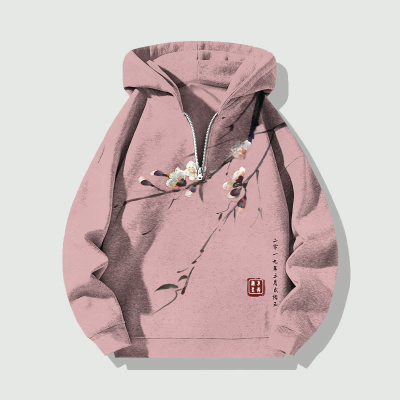 Unisex Vintage Plum Blossom Half Zip Hoodie - Pink - US32-34(5XL) - image 3