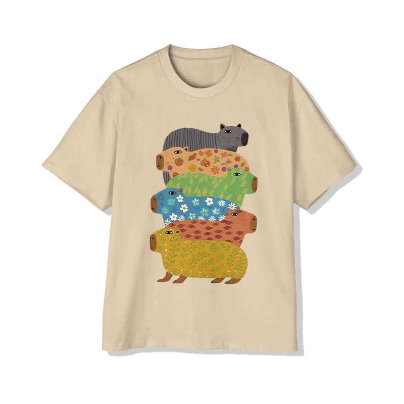 Unisex Capybara Print Short Sleeve Crew Neck T-shirt - Apricot - 2XL - image 3