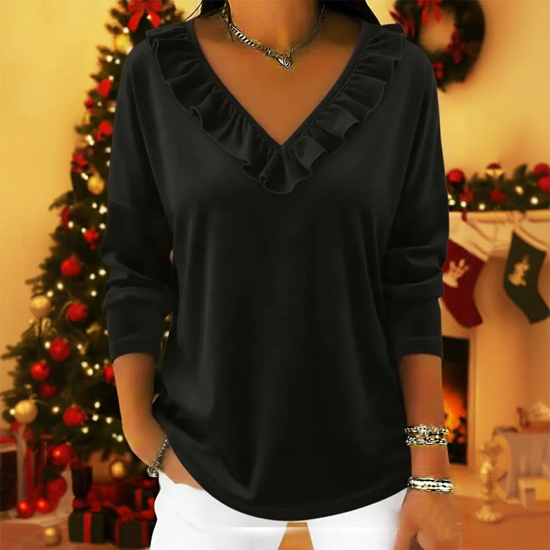 Women's Velvet V-Neck Ruffled Pullover Top - Black - 3XL - image 5