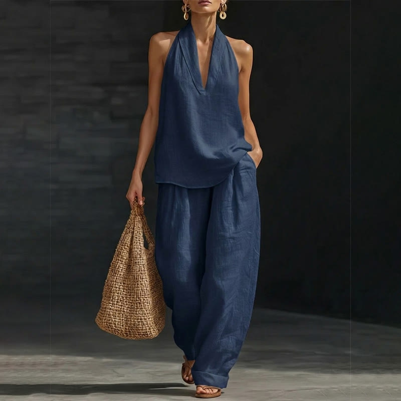 Cozy Loose-fitting Solid Lapel Halter-neck Sleeveless Top&pants Set - Navy Blue - 5XL - image 9
