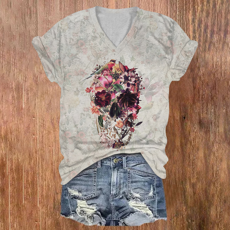 Floral Bird & Skull Art Print Short Sleeved V-neck T-shirt - Light Gray - US32-34(5XL) - image 1
