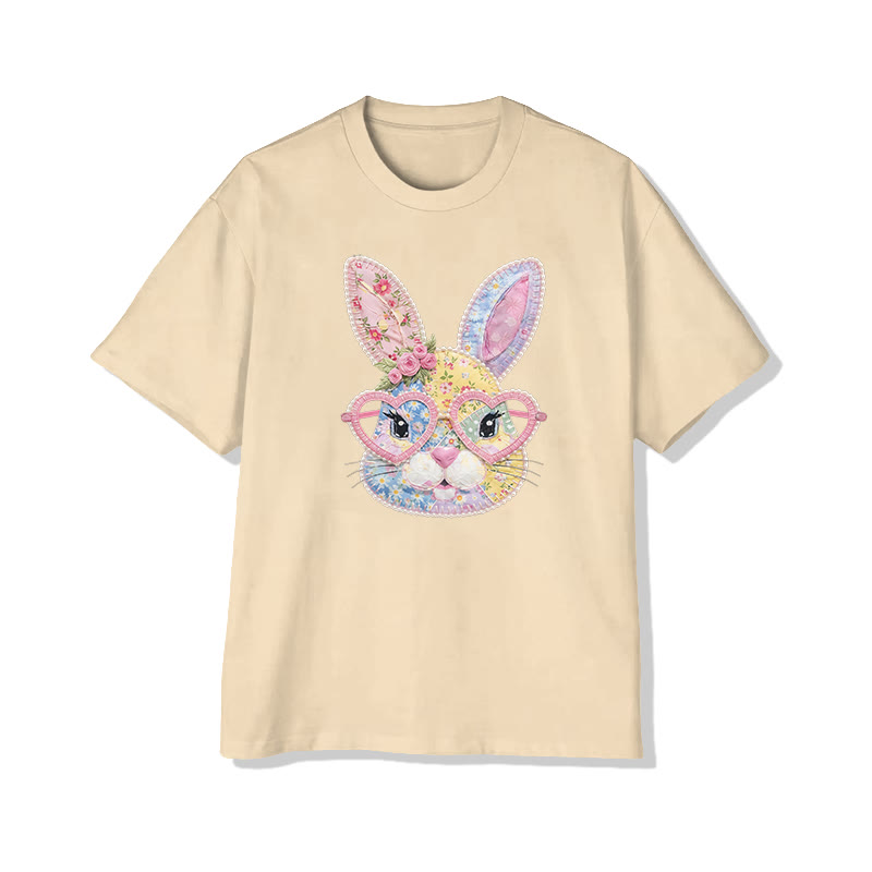 Easter Glasses Bunny Garden Flowers Print Pattern Cotton Print T-shirt - Apricot - US16-18(2XL) - image 9