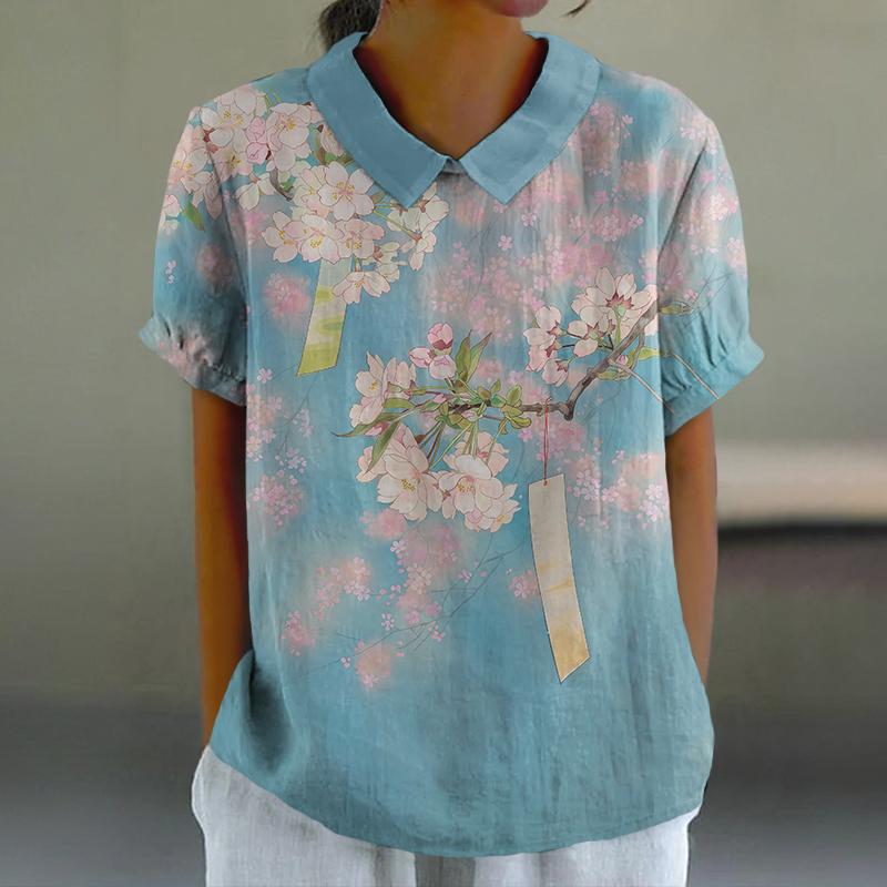 Lovely Spring Sakura Art Print Casual Lapel Loose Blouse - Blue - 6XL - image 1