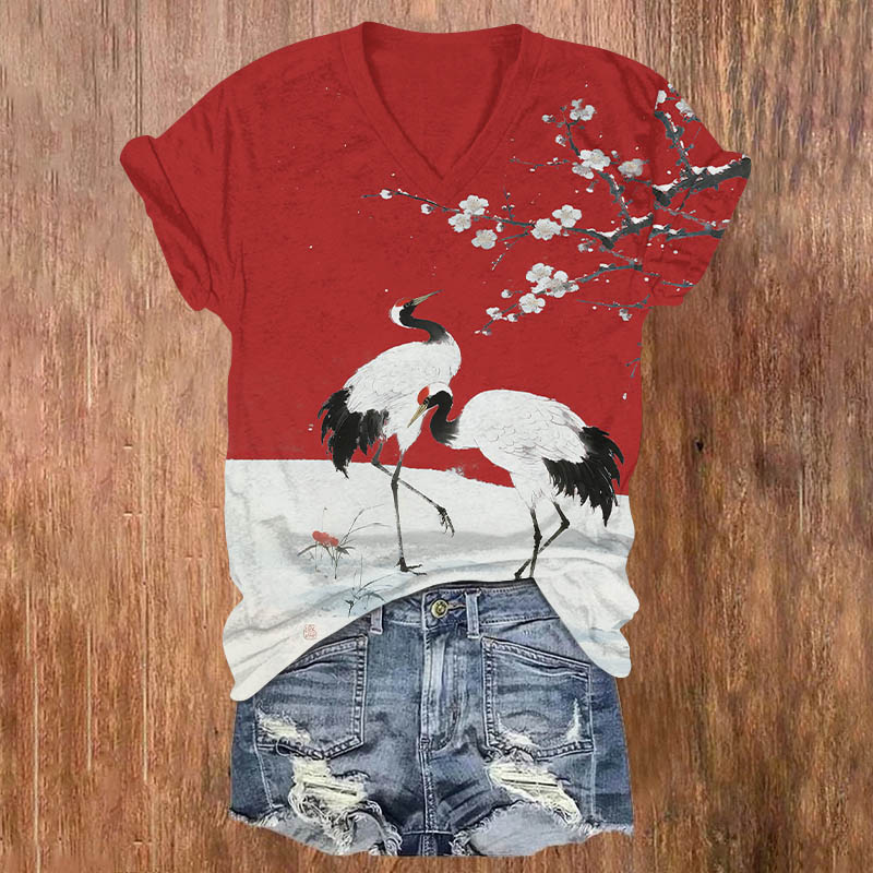 Japanese Winter Crane Under Plum Blossom Tree Print V-neck T-shirt - Red - US32-34(5XL) - image 5