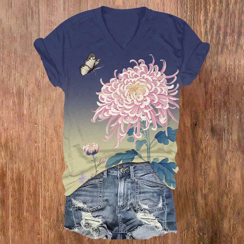 Japanese Vivid Pink Chrysanthemum Art Print V-neck T-shirt - Blue - US32-34(5XL) - image 6