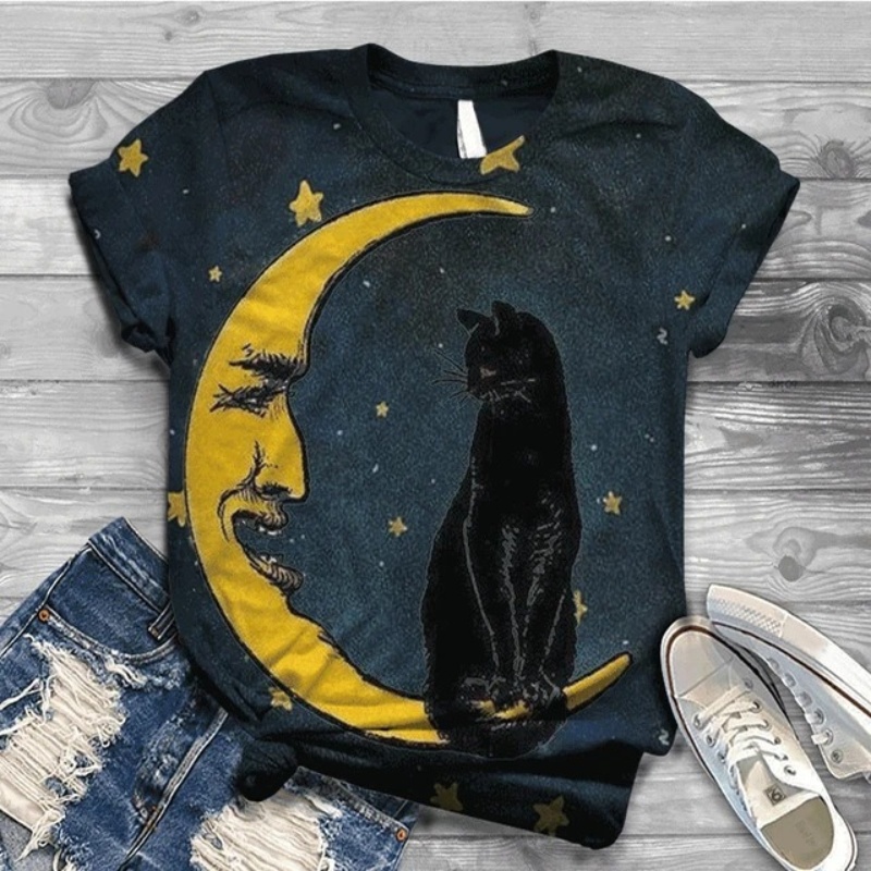 Moon And Black Cat Print Casual O-neck T-shirt