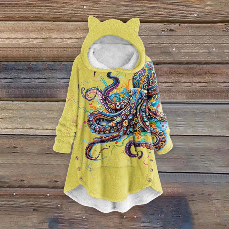 Women's Vintage Rainbow Octopus Art Print Pocket Cute Cat Ear Fuzzy Fleece Hoodie - Yellow - 6XL - image 3