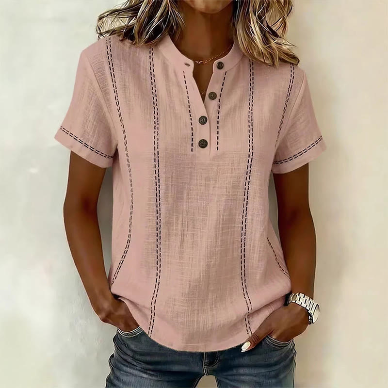 Women Casual Henley Neck Button Placket Short Sleeve Blouse - Pink - 3XL - image 3
