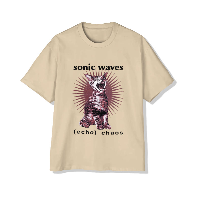 Unisex Like Music Cat  Pattern Short Sleeved Crew Neck T-Shirt - Apricot - 2XL - image 4