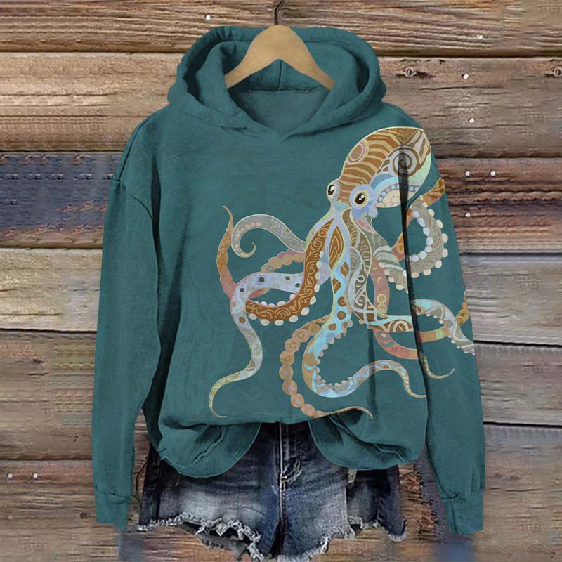 Vintage Ethnic Pattern Octopus Print Long Sleeve Hoodie - Green - US44-46(8XL) - image 3