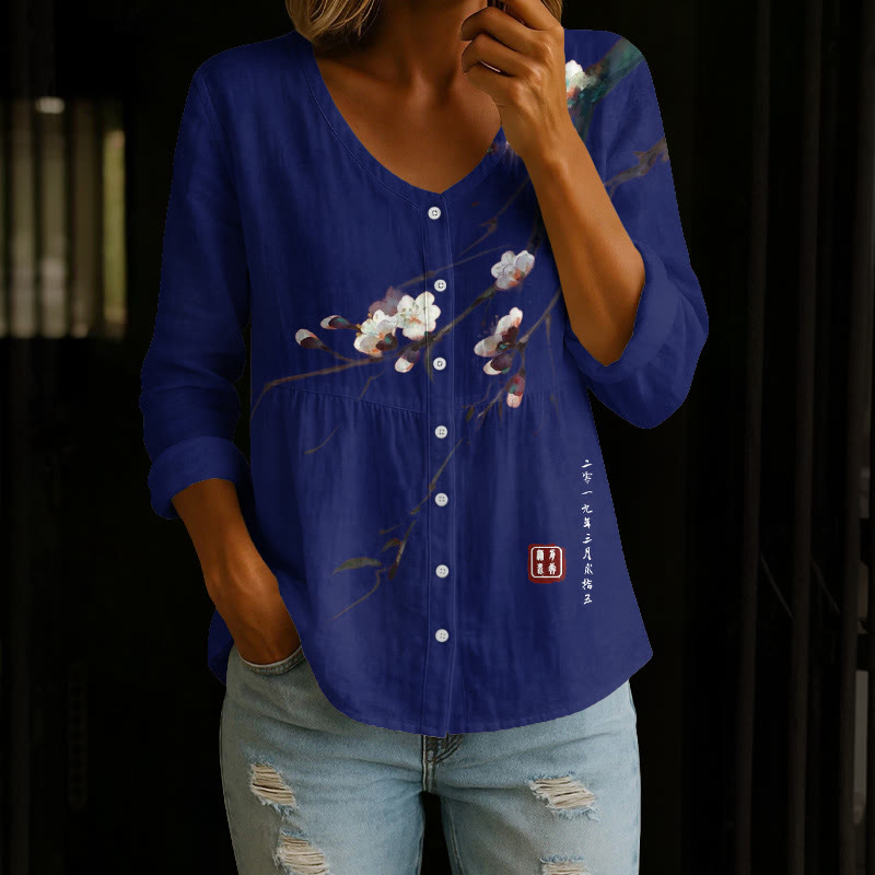 Vintage Plum Blossom Art Print Button V-neck A-line Long Sleeve Blouse - Navy Blue - 4XL - image 3