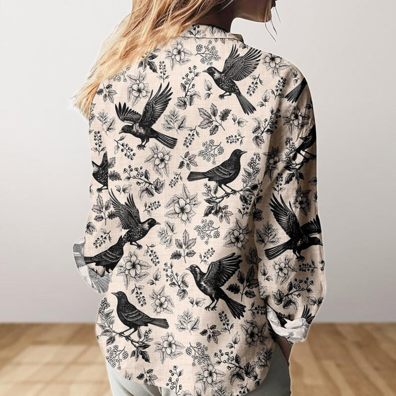 Vintage Raven & Flowers Art Print Long Sleeve Shirt - image 3