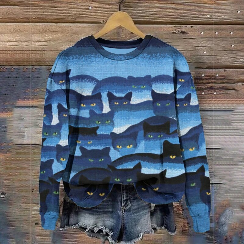 Cute Cat Print Crew Neck Cozy Sweatshirt