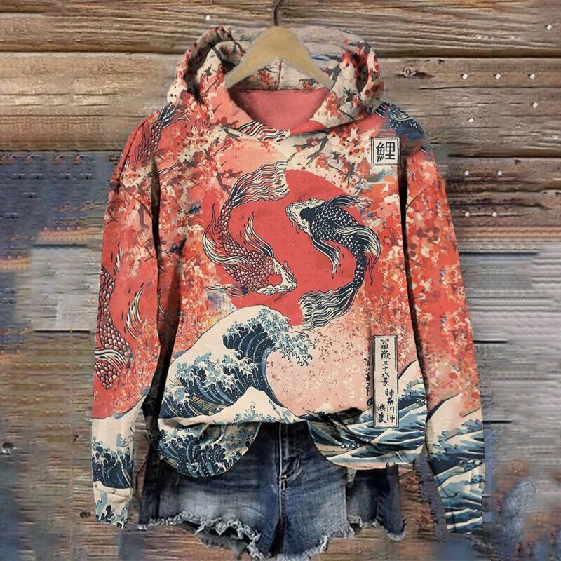Japanese Koi Wave Print Hoodie