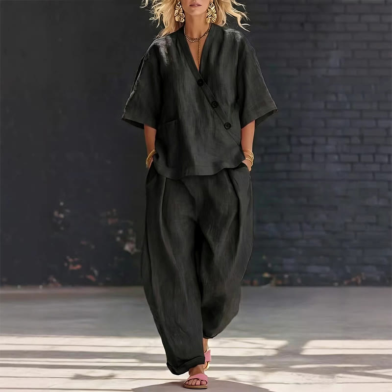 Cozy Solid Loose-fitting 3/4 Sleeve Blouse&wide-leg Pants Set - Black - 5XL - image 4