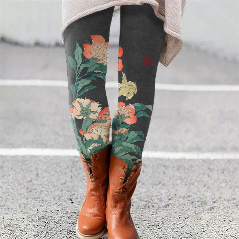 Japense Vintage Wise Floral Print Leggings - Dark Grey - 5XL - image 5